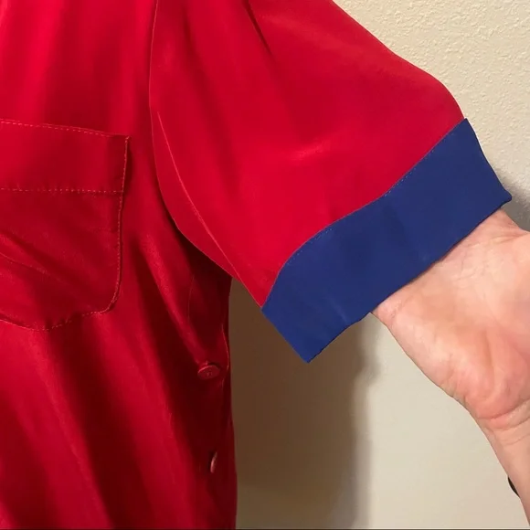 Vintage 80’s Liz Claiborne silk red dress color block sleeves midi front pocket - Picture 3 of 9
